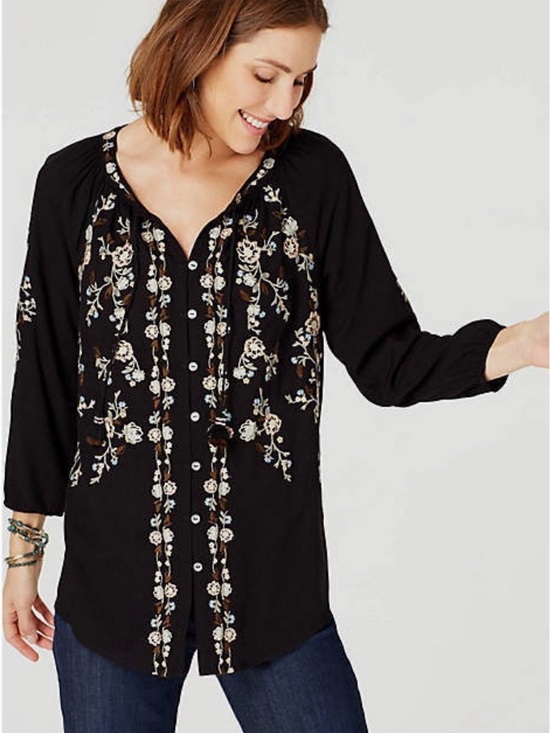 J. Jill Tops - Black Floral Embroidered Button-Front Women’s Top